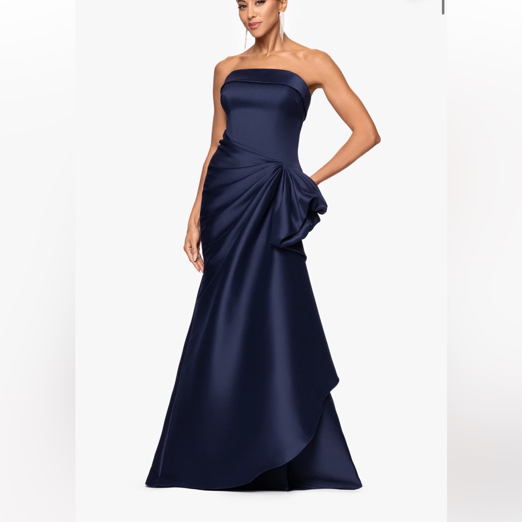 Xscape "Diana" Mikado Strapless Rouched Floor Length Dress Blue Strapless Gown